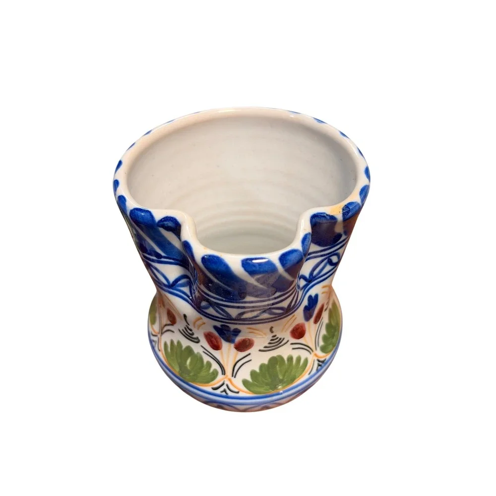 Hand Painted Folk Art Ceramic Pitcher Blue Floral Creamer Small Milk Jug Signed